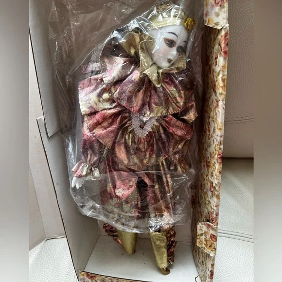 Vintage European Bijoux Brigitte Harlequin style porcelain doll
